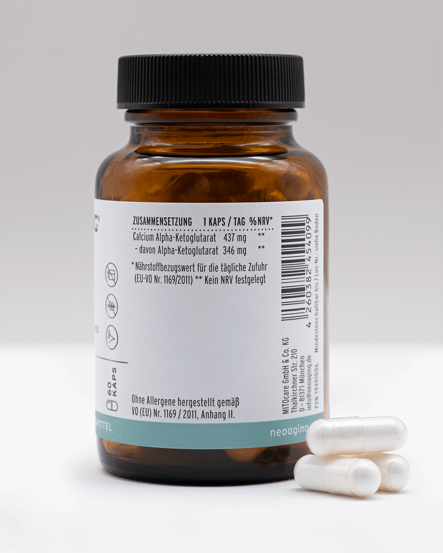 Calcium Alpha-Ketoglutarat 437mg von NEOaging Longevity Supplements für Sportler Produk Zusammensetzung Tabelle