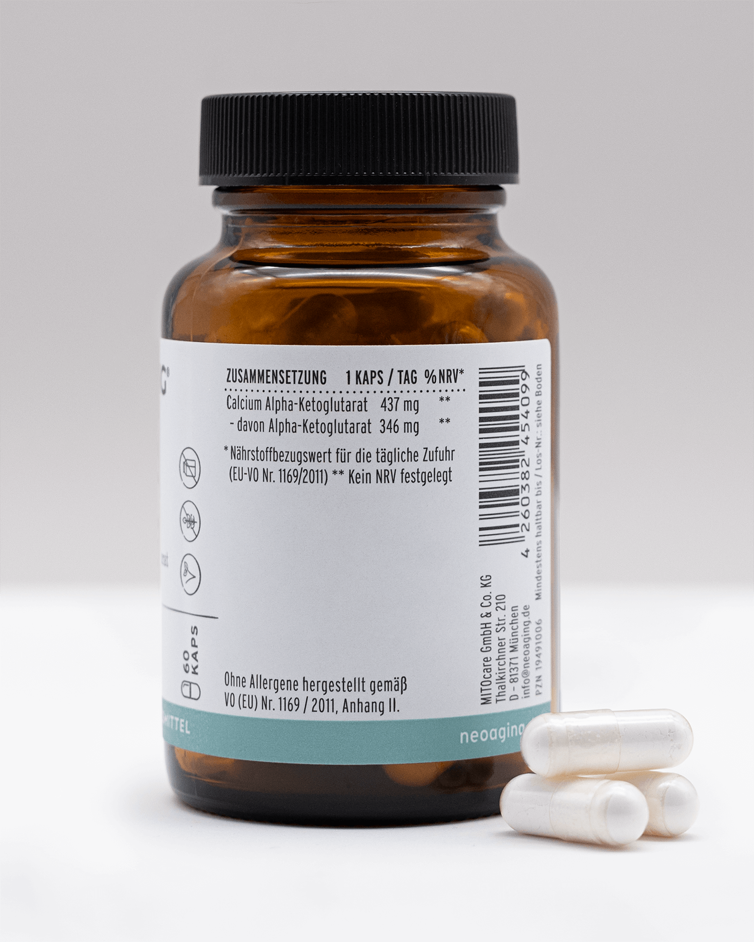 Calcium Alpha-Ketoglutarat 437mg von NEOaging Longevity Supplements für Sportler Produk Zusammensetzung Tabelle