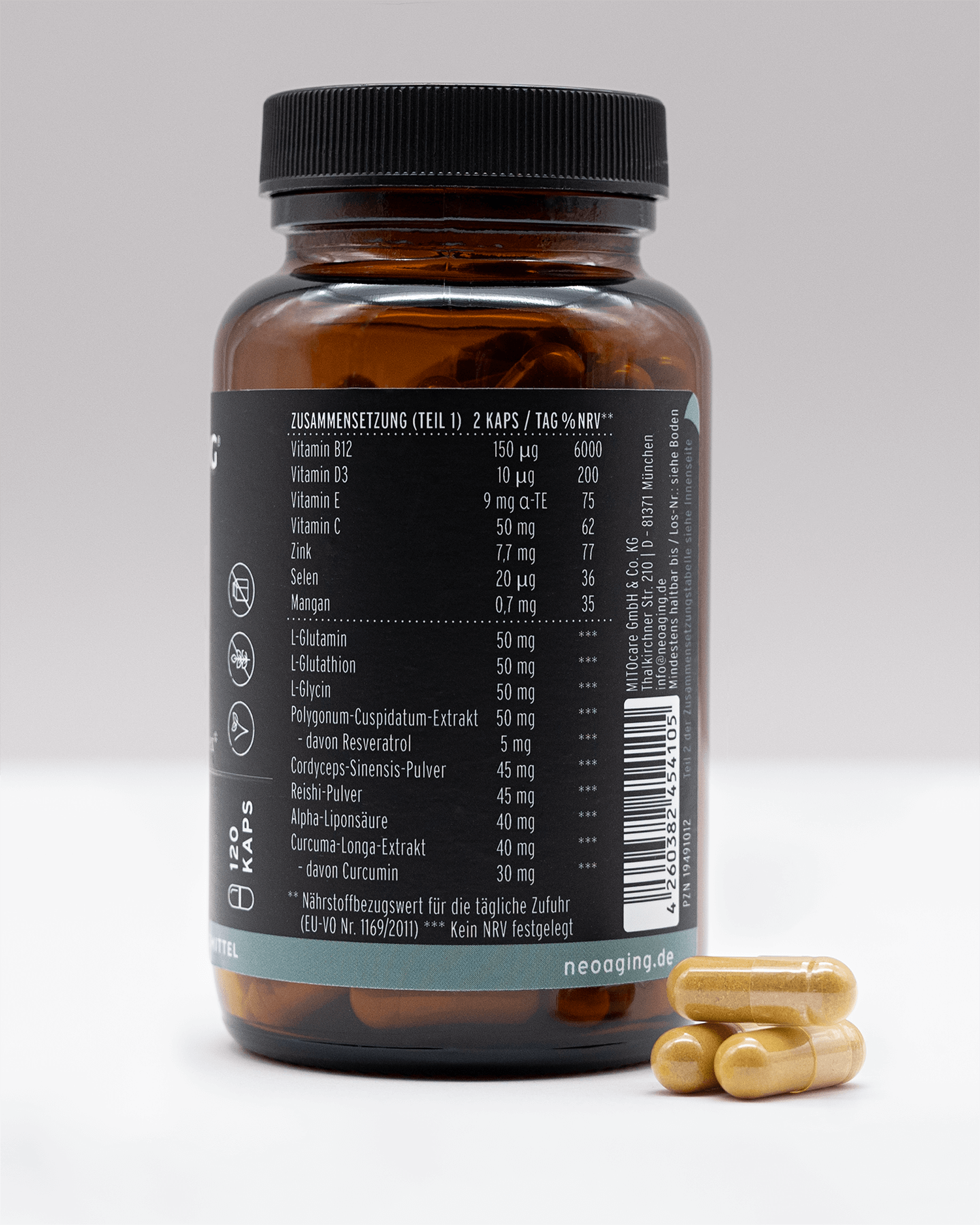 Antioxidantien Complex mit Vitaminen, Reishi und Aminosäuren von NEOaging Longevity Supplements Produkt Zusammensetzung Tabelle Inhalte