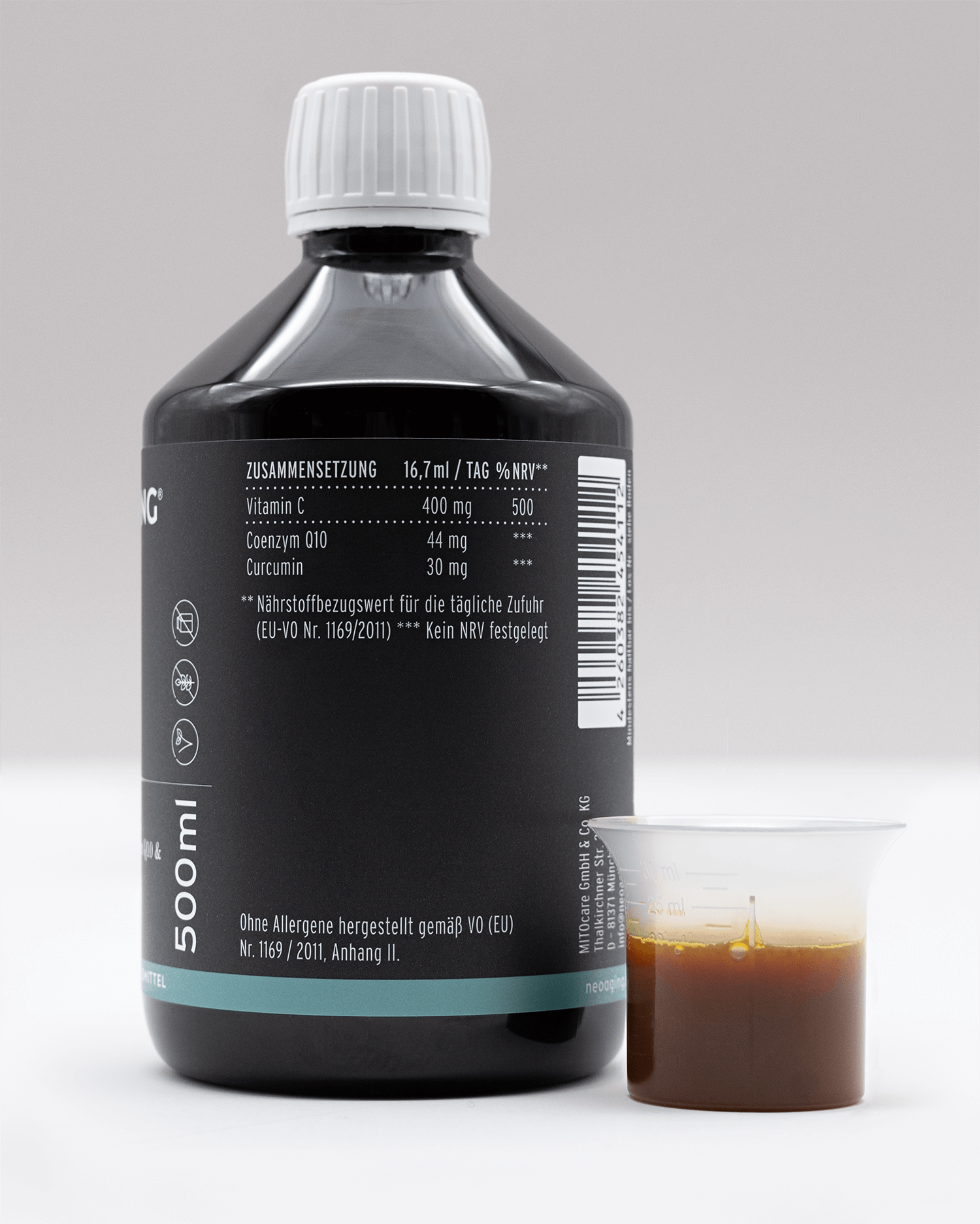 Cell Booster mit Vitamin C, Coenzym Q10 und Curcumin von NEOaging Longevity Supplement Produktfoto Zusammensetzung Tabelle