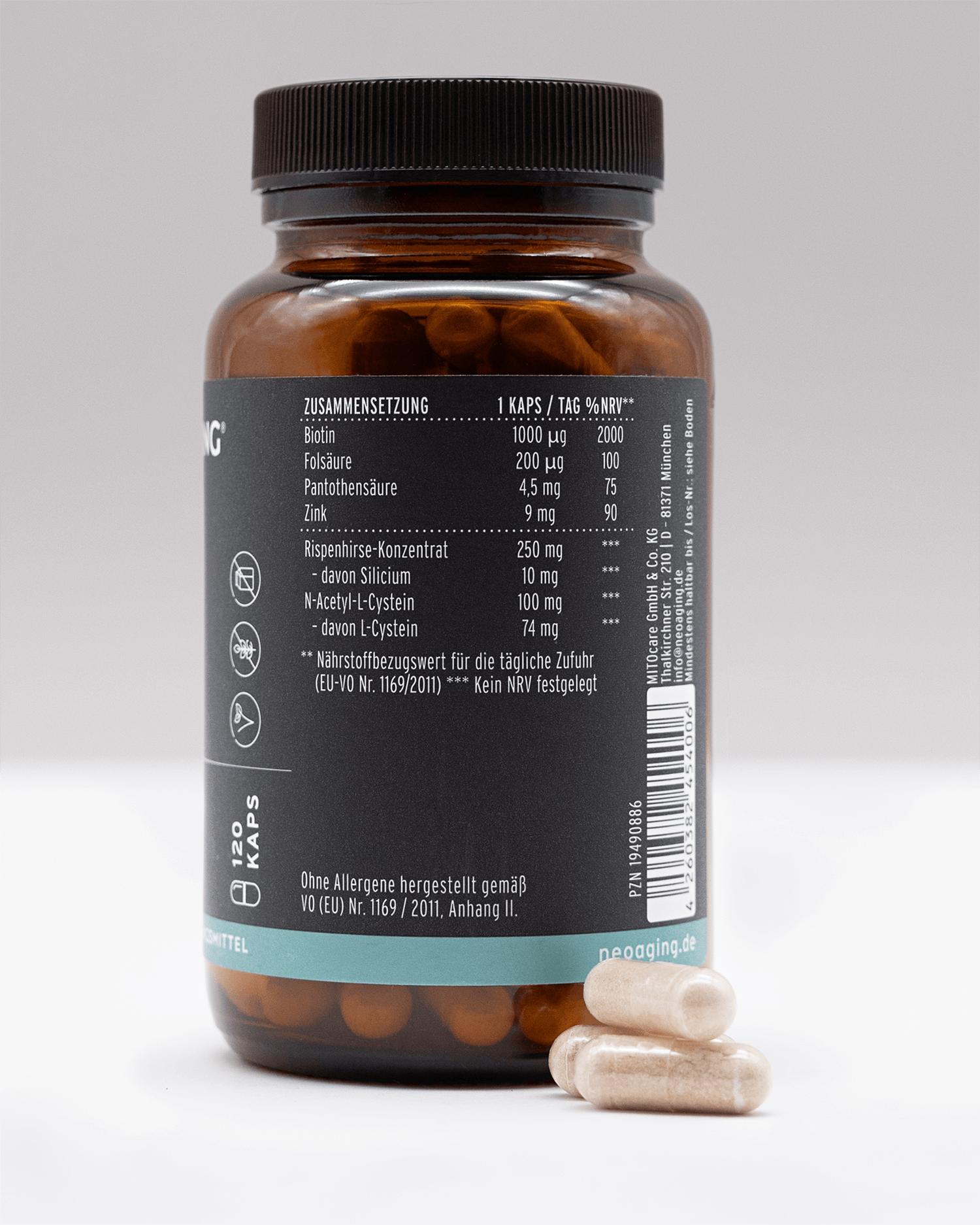 Beauty Complex mit B-Vitaminen, Zink und Silicium von NEOaging Longevity Supplements Produkt Zusammensetzung Tabelle