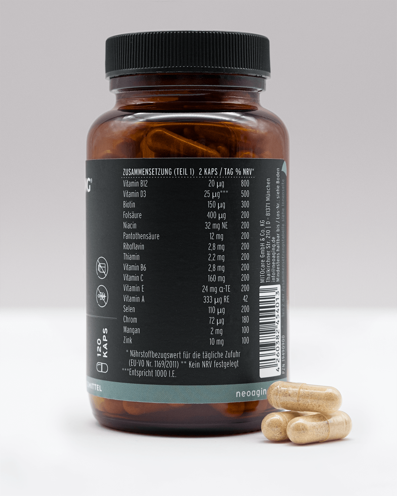 All in One Complex mit Vitaminen, Coenzym Q10 und OPC von NEOaging Longevity Supplements Produkt Zusammensetzung
