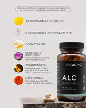 Inhaltsstoffe All in One Complex NEOaging tägliche Grundversorgung mit 12 Vitaminen 5 Mineralstoffen Coenzym Q10 Calendula und OPC