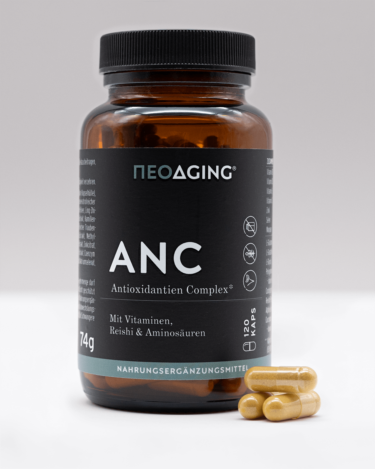 Antioxidantien Complex mit Vitaminen, Reishi und Aminosäuren von NEOaging Longevity Supplements Produkt von vorne