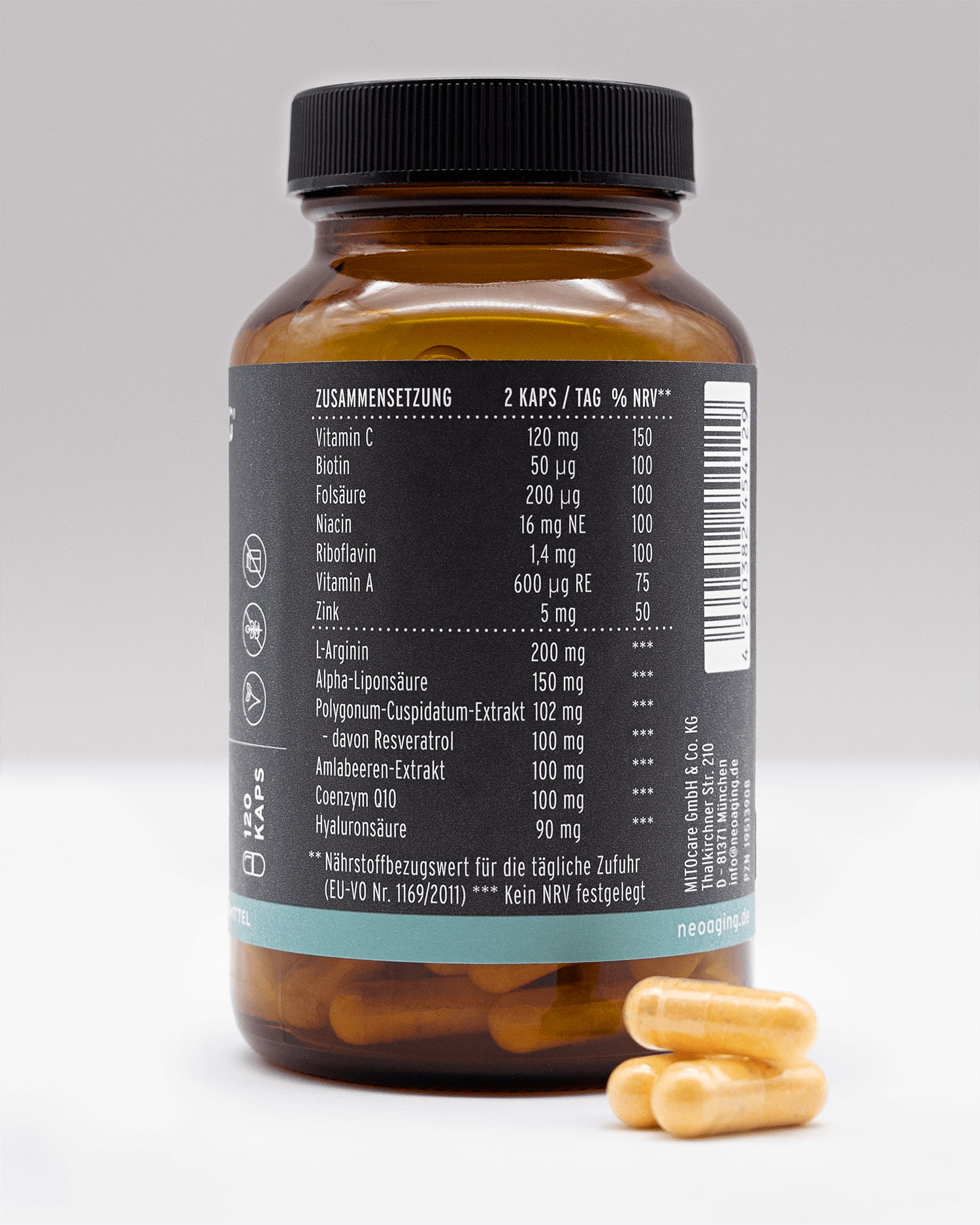Healthy Aging Complex mit Vitaminen Hyualoronsäure mit Coenzym Q10 von NEOaging Longevity Supplements Produktbild Zusammensetzung Zutaten