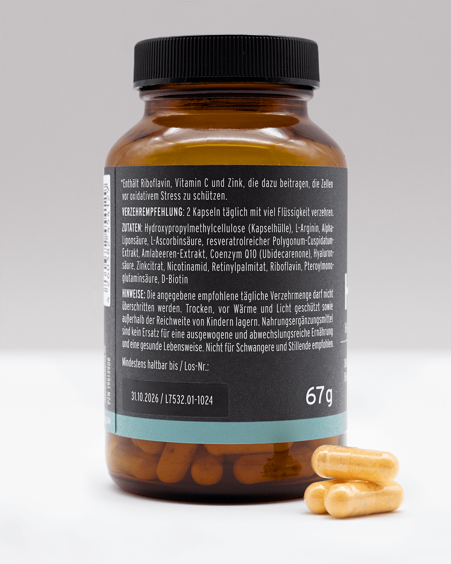 Healthy Aging Complex mit Vitaminen Hyualoronsäure mit Coenzym Q10 von NEOaging Longevity Supplements Produktbild Zutatenliste