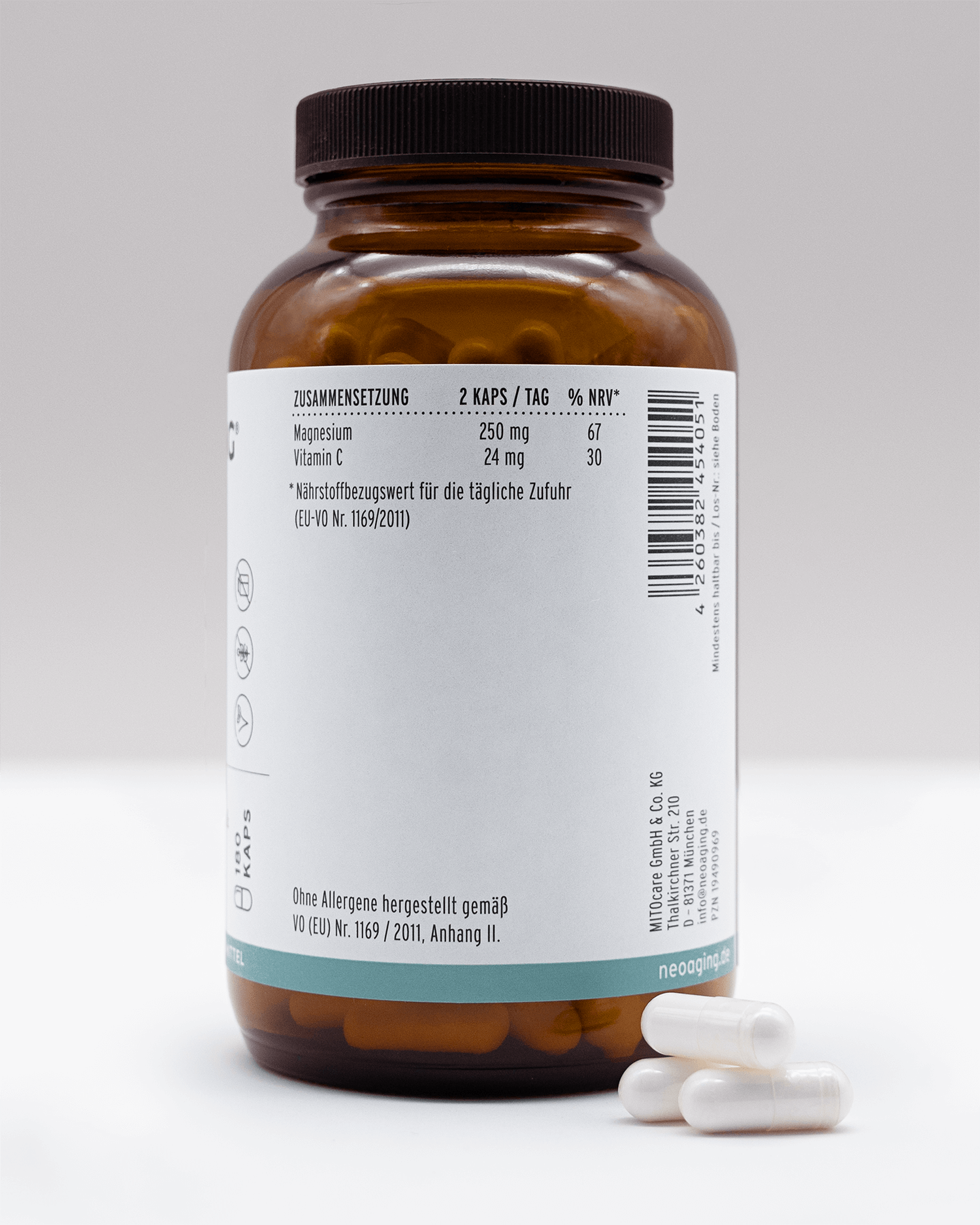 Magnesium Superior 7 Magnesiumformen mit Vitamin C von NEOaging Longevity Supplements Produktfoto Zusammensetzung Zutaten