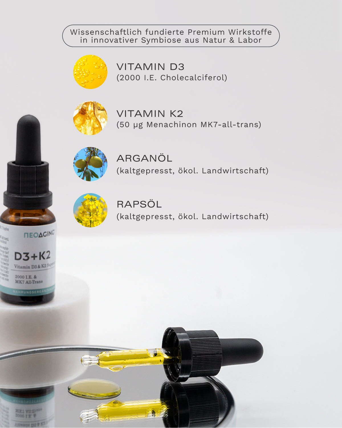 Vitamin D3 + K2 Superior NEOaging Produkt Premium Inhaltsstoffe Mengen