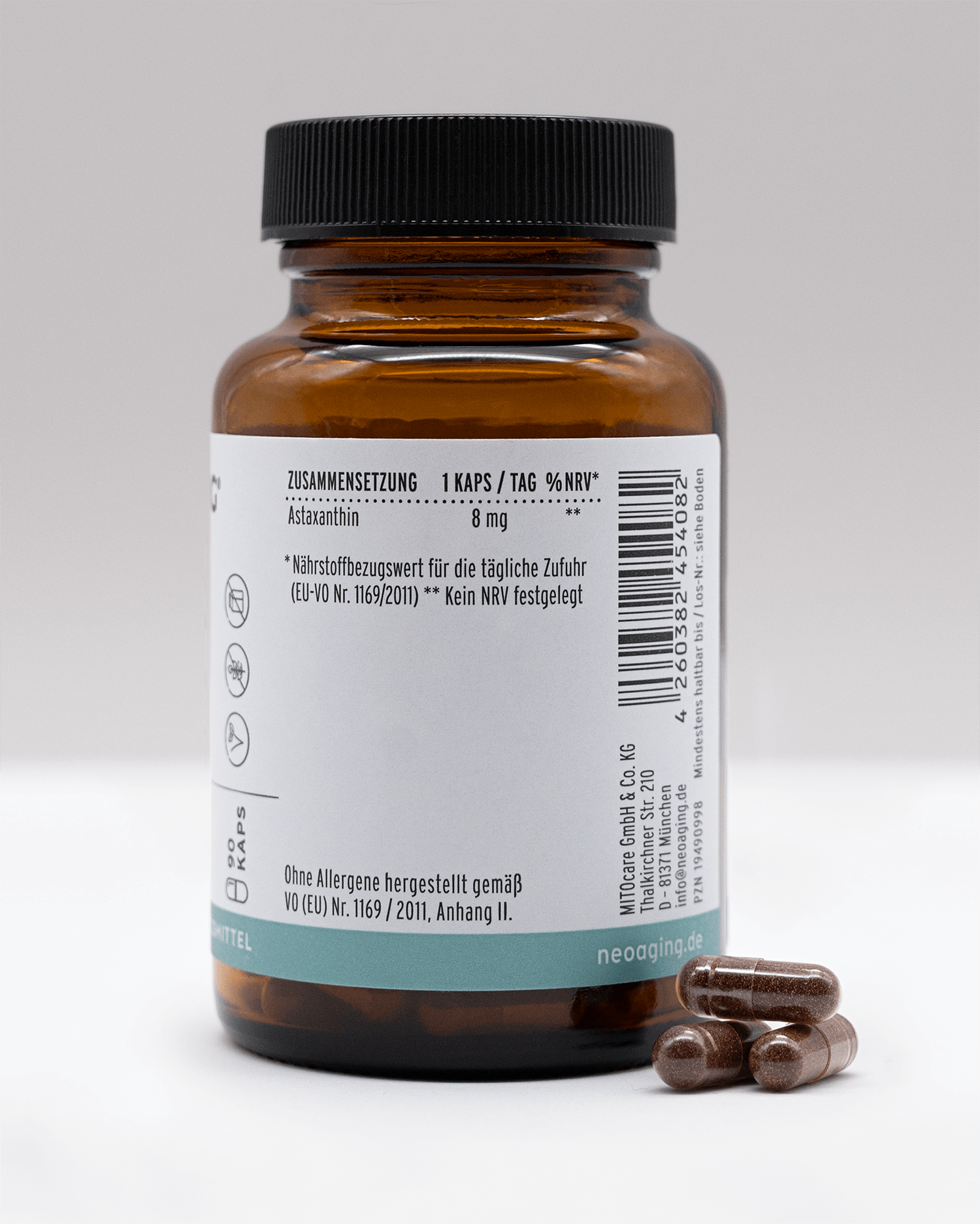 Astaxanthin 8mg Kapseln NEOaging Longevity Supplements Produktfoto Zusammensetzung