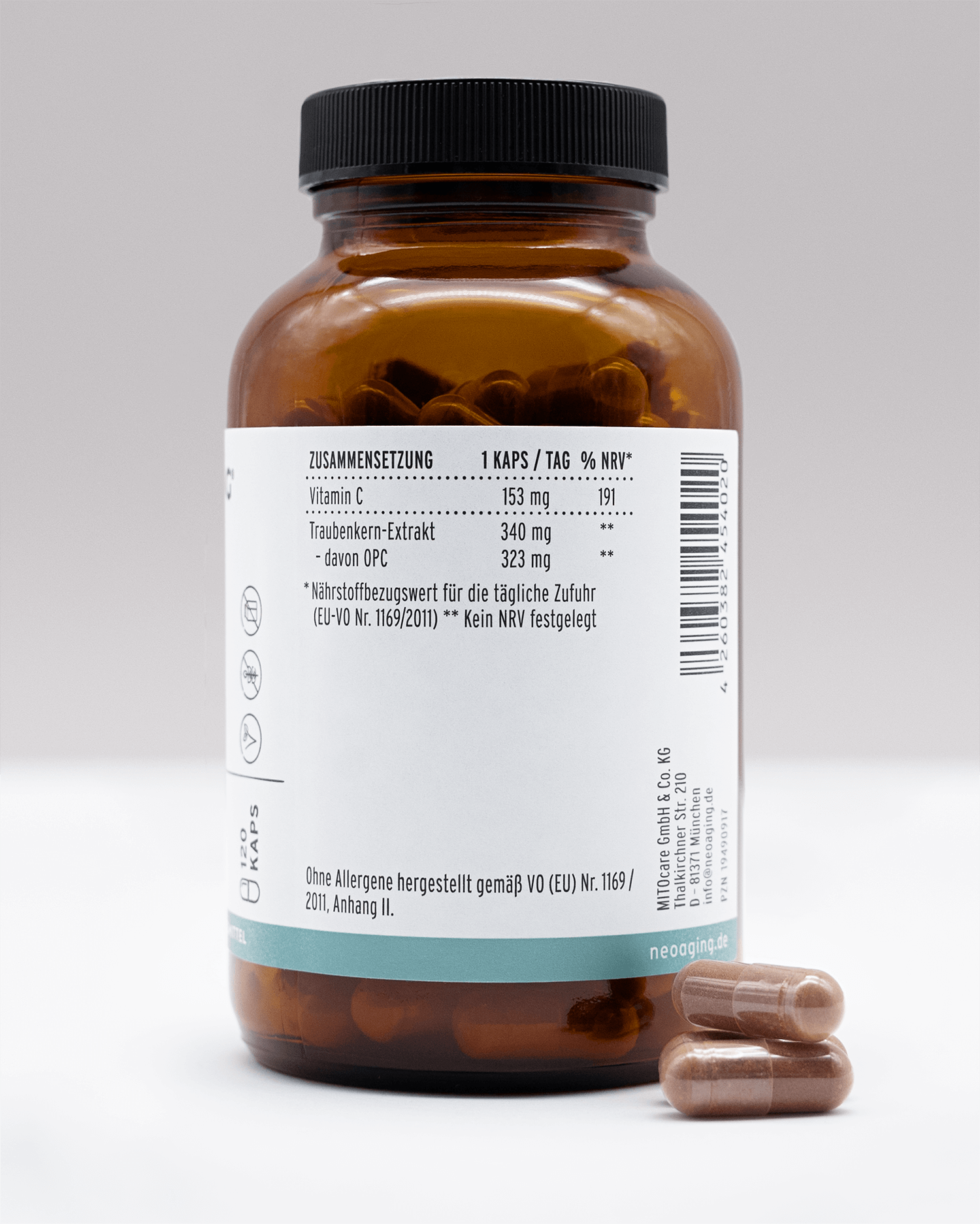 OPC Superior mit Traubenkern-Extrakt und Vitamin C von NEOaging Longevity Supplements Produktfoto Zusammensetzung Tabelle